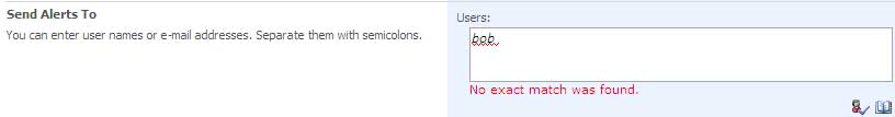 Enter users or groups for Alert Textbox no match found error message